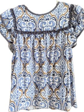 Blue & Cream Printed Flutter-Sleeve Blouse